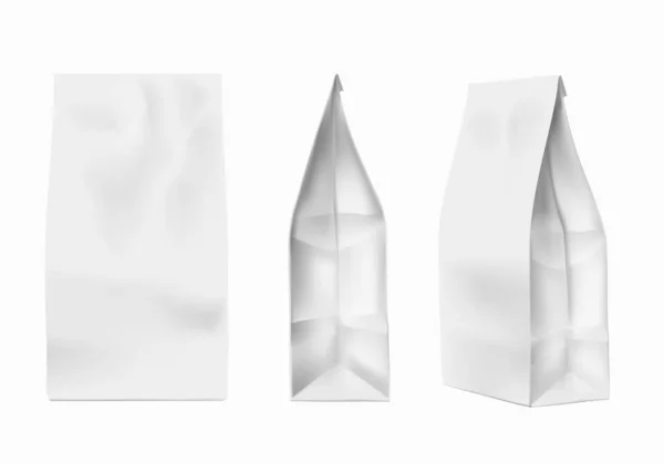 Una maqueta del paquete de café. plantilla de bolsa de papel de aluminio blanco para café, sal, azúcar. Especias, harina, conjunto de vectores de embalaje de productos de galletas — Vector de stock