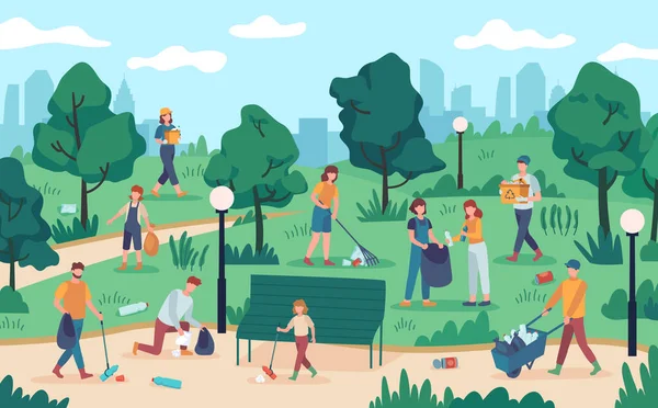 People cleaning park. Community team collecting rubbish from nature. Vector ecology volunteers protect environment from pollution — Stock Vector