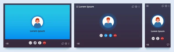 ビデオ通話インターフェース。WebチャットUI画面のモックアップ。電話会議およびオンライン会議の申し込み。通信窓ベクトルセット — ストックベクタ