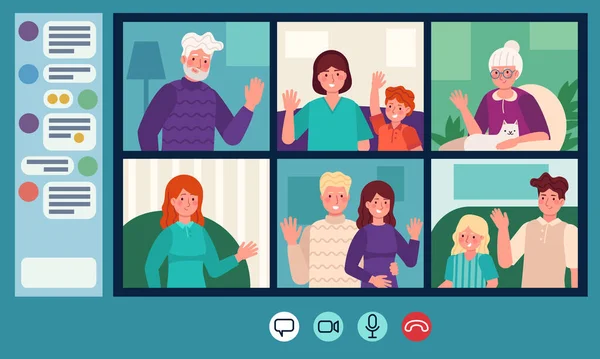 Family video chat. Parents, grandparents and children web chatting. Online video call. Elderly people internet conversation vector concept — Stock Vector