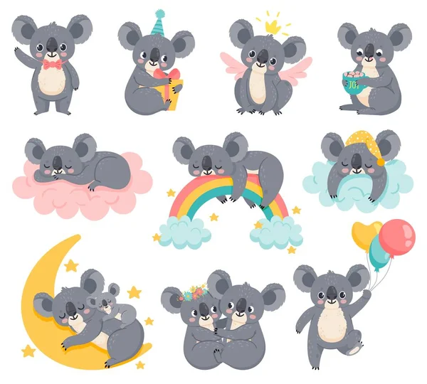 Cartoon verjaardagskoala 's. Luie koala slaapt op een wolk. Leuke Australische dieren met ballonnen. Een babydouchebeer. Kinderen kamer decor vector set — Stockvector