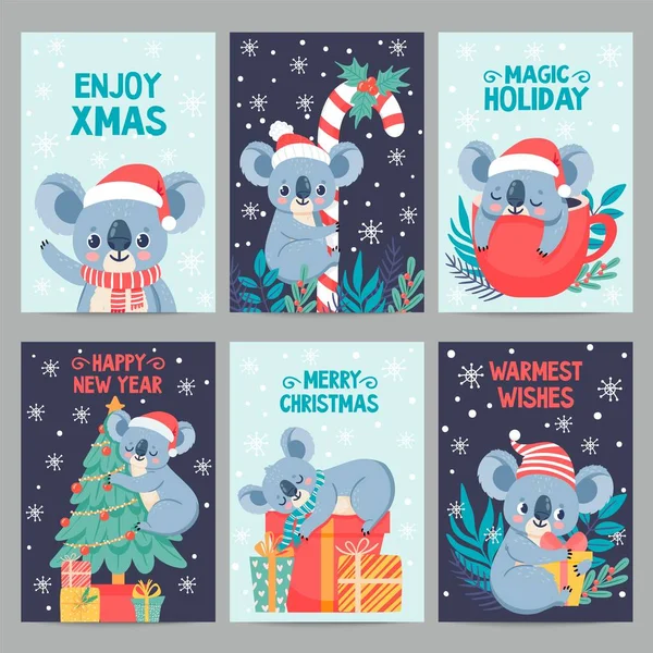 Navidad Koala. Animales felices con cajas de regalo. Lindas tarjetas de Navidad con koalas. Pequeño oso australiano en vacaciones de invierno vector conjunto — Vector de stock