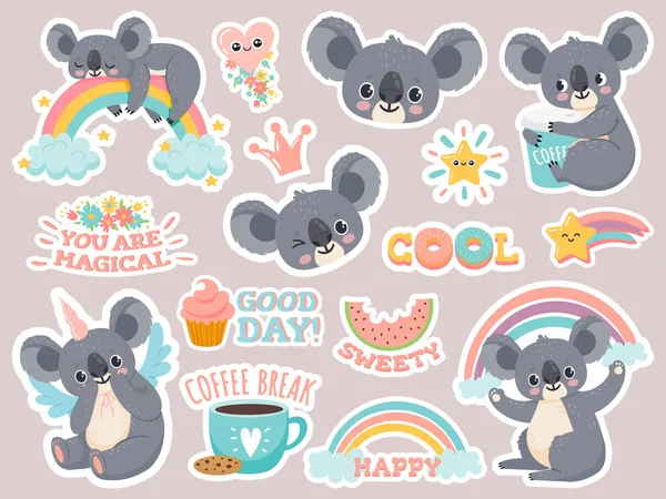 Adesivi koala magici. Pigri koala australiani che dormono sull'arcobaleno. Patch con simpatici unicorni animali del bambino. Felice serie vettoriale cartone animato fiaba — Vettoriale Stock