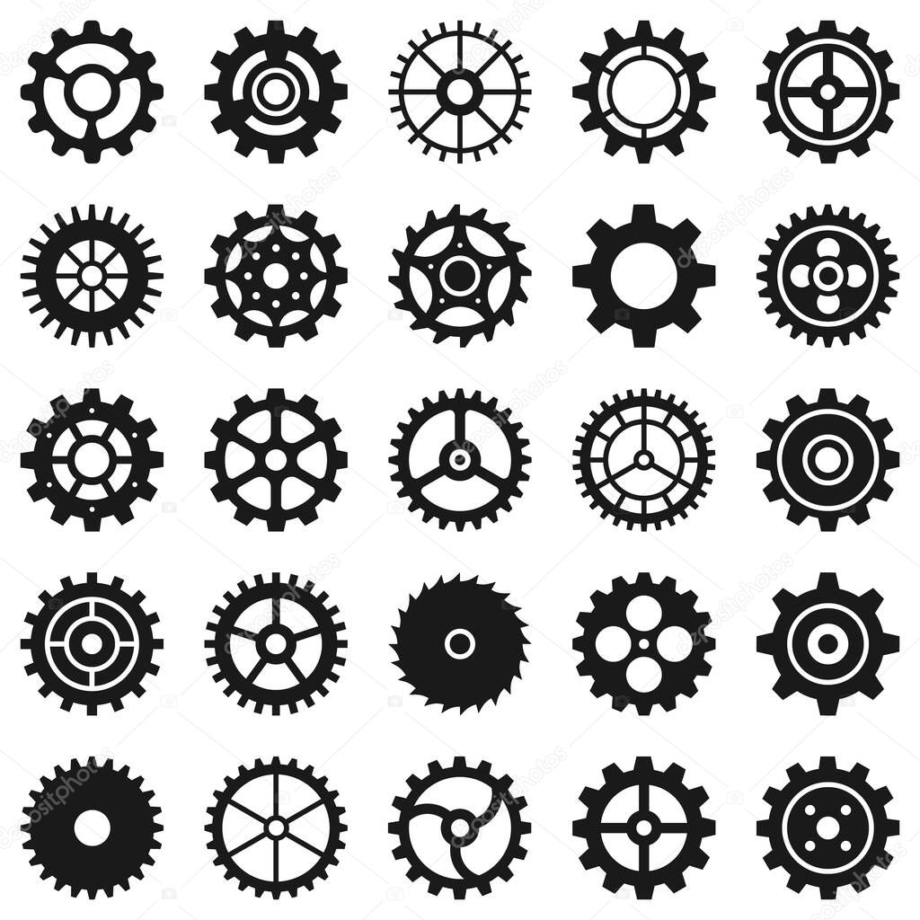 Gears. Transmission cog wheels and machine gearings, technical mecanisme, engineering motor, app button black silhouette icons, vector set