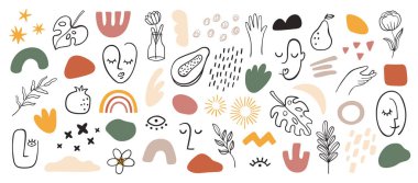 Soyut şekilli yüzler. Minimalist kadın portresi, modern moda şekilleri. Devamlı bir çizgi. El çizimi çiçekler, yapraklar ve eller vektör seti