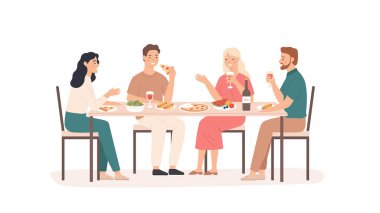 Arkadaşlar yemek yiyor. Lokantadaki, kafedeki ya da evdeki masalardaki eğlenceli ve gülümseyen insanlar içecek, lezzetli yemekler yemek, arkadaşça takılma konsepti.