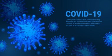 Virüs arka planı. Covid-19, koronavirüs enfeksiyon hücreleri. Pandemia 2020 mavi monokrom vektör kavramı