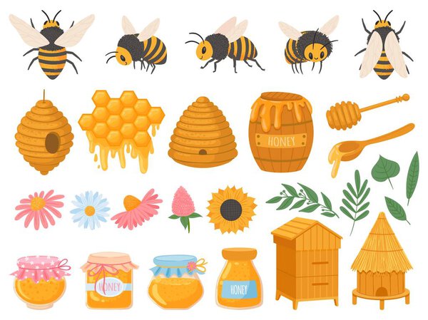 Пчеловодство. Продукция пчеловодства разная в стеклянных банках. Медовые соты, пчелиный воск, улей, цветы и пчелы