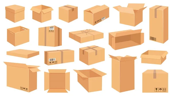 Cardboard boxes. Cartoon brown carton package. Open and closed delivery rectangle box with fragile signs. Vector shipping and packing set — Stock Vector