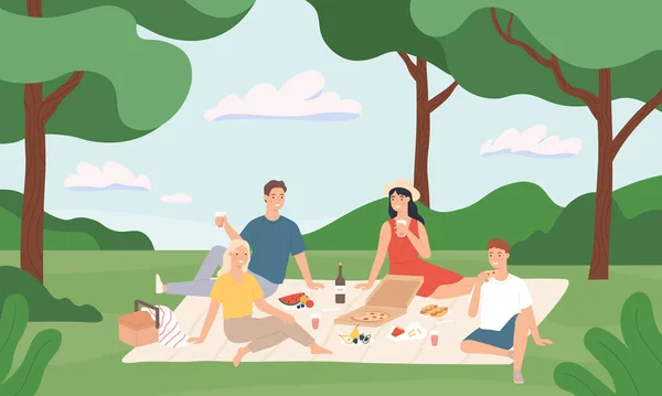 Friends at picnic. Happy young men and women having lunch together outdoor, rest to nature summer vacation cartoon vector illustration
