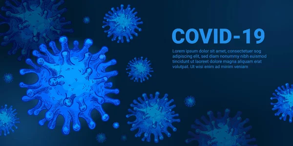 Antecedentes. Covid-19, células de infección por coronavirus. Pandemia 2020 concepto de vector monocromo azul — Archivo Imágenes Vectoriales