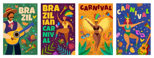 ブラジルのカーニバル。仮面舞踏会のラテン系の要素を持つバナーダンスパレード、ダンサーとミュージシャン、コンフェッティ、マスクと羽ベクトルポスター — ストックベクタ