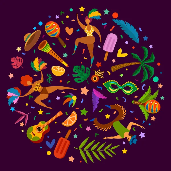 Carnaval do Rio. Cartaz do festival de dança brasileiro com elementos de máscaras, instrumentos musicais, máscaras e penas, confetes. Folheto do vector — Vetor de Stock