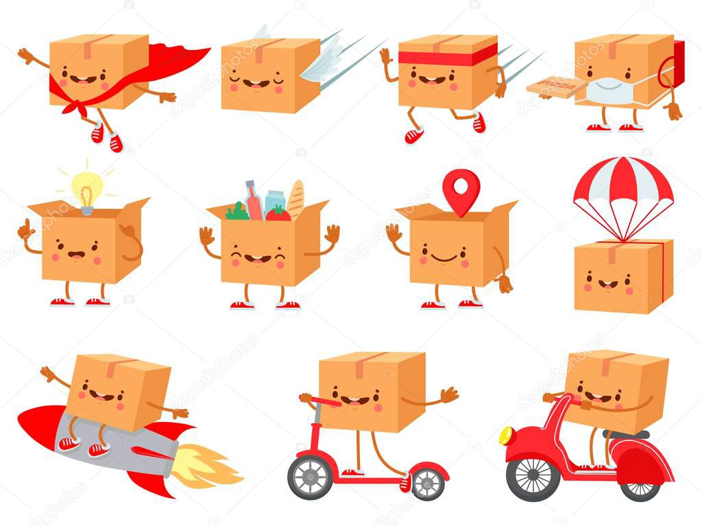 Cardboard box character. Fast delivery service mascot. Cartoon boxes with faces. Shipping package on parachute. Happy purchase vector set