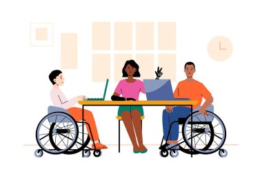 Diverse office workers with prosthetic arm and using wheelchairs are having a productive business meeting, collaborating on laptops and fostering an inclusive work environment