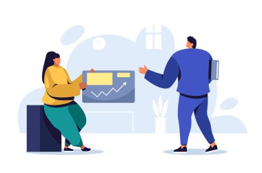 Two business colleagues discussing positive financial chart growing, analyzing increase in sales, teamwork and cooperation in office workplace