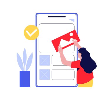 Female web developer adding an image on a mobile phone while developing a website interface with check mark, indicating successful operation and plant symbolizing comfortable working environment.....