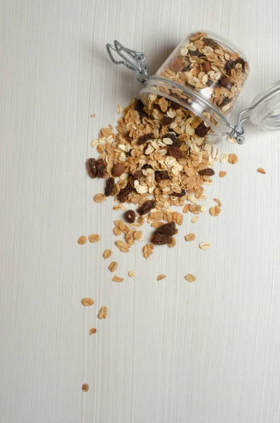 Oatmeal Nuts Raisins Scattered White Table Flat Lay — Stock Photo, Image
