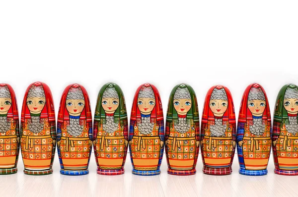 Muitos Matryoshkas Bonecas Russas Fundo Branco Espaço Para Texto — Fotografia de Stock