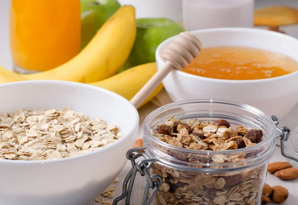 Healthy Breakfast Oatmeal Raisins Honey Bananas Green Apples Nuts Royalty Free Stock Images