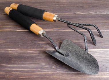 Toprak için bahçe aletleri. Ahşap arka plan. Yakın çekim. Metin için yer