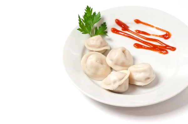 Traditional Russian Pelmeni Ravioli Dumplings White Plate Red Sauce Parsley — Stock Photo, Image