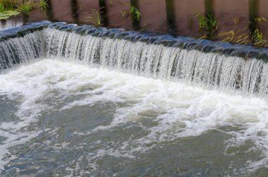 Küçük bir yapay şelale orman Nehri üzerinde. Baraj. Bir sprey su. Ağustos.