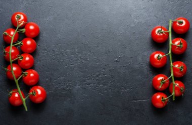 Yeşil bir dalda olgun kırmızı domates. Vitamin açısından zengin sebzeler. Karanlık arka plan. Düz yatıyordu. Kopyalama alanı