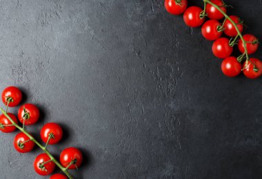 Yeşil bir dalda olgun kırmızı domates. Vitamin açısından zengin sebzeler. Karanlık arka plan. Düz yatıyordu. Kopyalama alanı