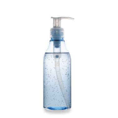 Açık bir plastik şişede micellar jel. Beyaz arka planda yalıtılmış