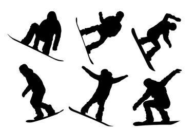 Beyaz arkaplanda bir grup snowboardcu