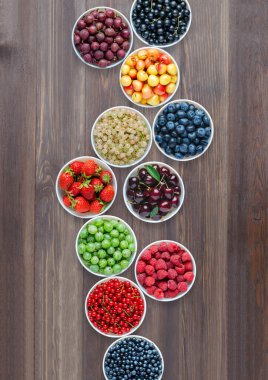 Yuvarlak tabakta bir çift böğürtlen. Kahverengi ahşap arka plan. Düz üst görünüm