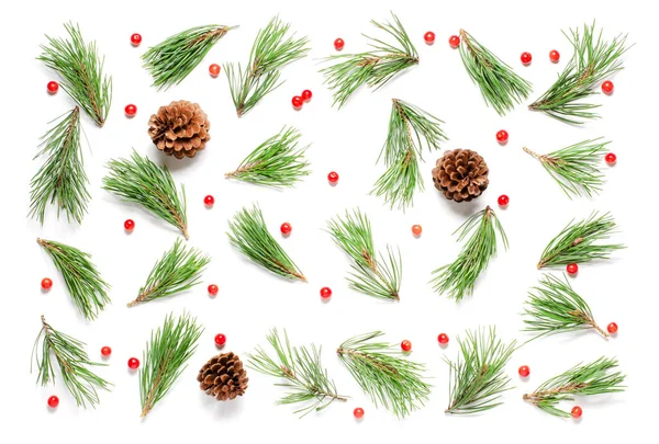 白い背景にクリスマスの構図。松の枝とコーン。フラットレイアウト、トップビュー — ストック写真