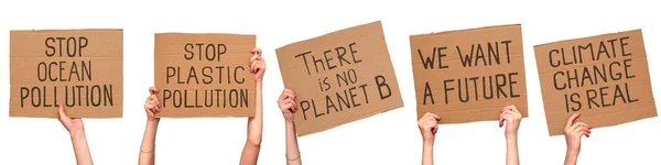 気候変動の抗議サイン 段ボールのポスターの碑文 白に隔離されてる セット — ストック写真