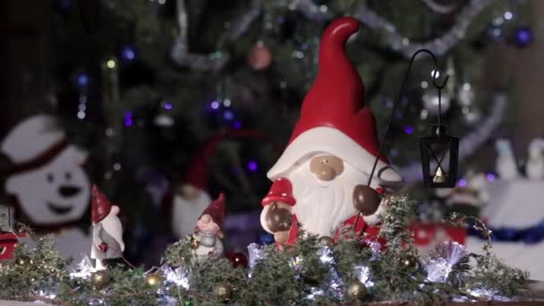 Fairy Gnome Christmas Red Cap Background Christmas Tree Blinking Lights — Stock Video