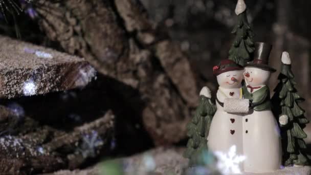 Snowmen Love Background Wooden House Blinking Lights Christmas New Year — Stock Video