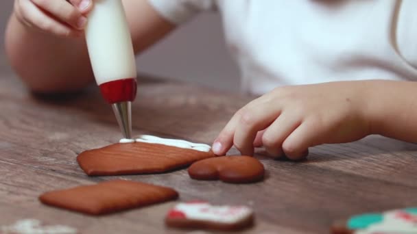 Baby Boy Jest Rysunek Boże Narodzenie Gingerbread Zbliżenie Rąk Dziecięcych — Wideo stockowe