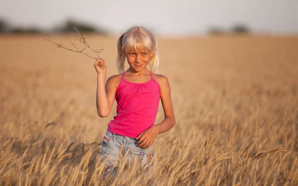 Hermosa niña con el pelo blanco en un campo de trigo en verano — Foto de Stock