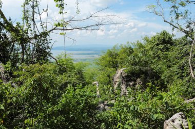 Doğa geçmişi / dramatik bulutlar ve dağ ve ağaçlı nehir: Hin chang si view piont Nam phong Ulusal Parkı Khon kaen Bölgesi Tayland.