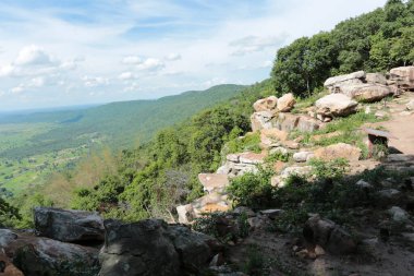 Doğa geçmişi / dramatik bulutlar ve dağ ve ağaçlı nehir: Hin chang si view piont Nam phong Ulusal Parkı Khon kaen Bölgesi Tayland.