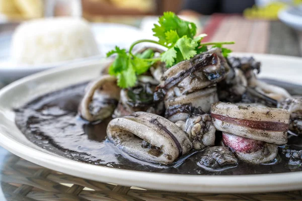 Черный Суп Кальмаров Местная Еда Восточном Таиланде — стоковое фото