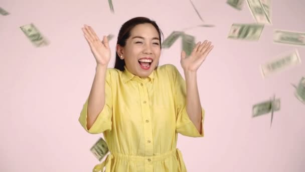 Slow Motion Lots Cash Falling Surprised Woman Concept Good Fortune — Stock Video