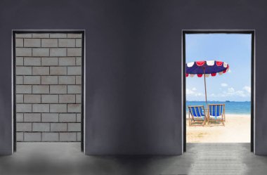 brick wall and seaside behind two open door,concept ideas lifestyle choices. clipart