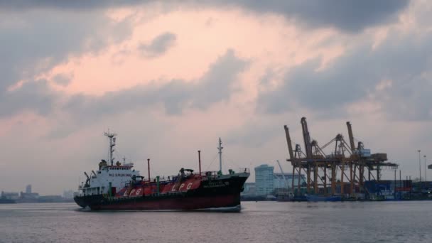 貨物船が駆け抜けるタイのチャオプラヤー川の風景 — ストック動画