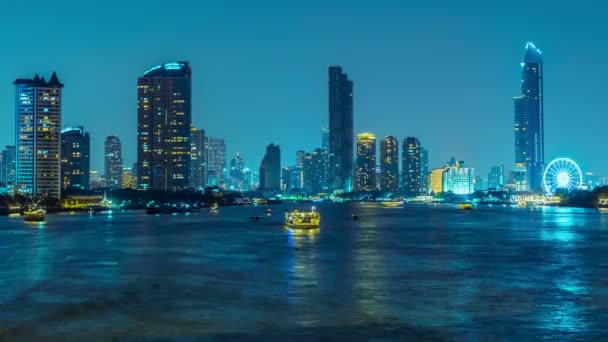Time Lapse Lunga Esposizione Atmosfera Bangkok Fiume Chao Phraya Notte — Video Stock