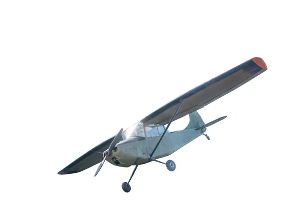 老式飞机前侧视图 带活塞发动机和螺旋桨 在具有剪切路径的白色背景上隔离 — 图库照片
