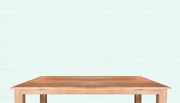 Üres Felső Fából Készült Asztal Zöld Fából Készült Fal Háttér — Stock Fotó