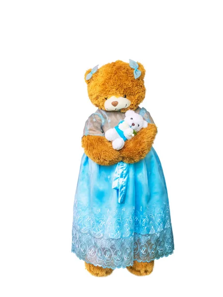 Teddy Bear Holding Doll White Background Clipping Path — Stock Photo, Image