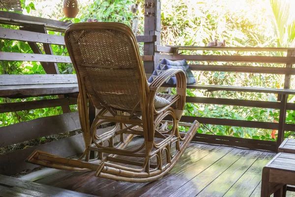 Wicker Rocking Chair Wooden House Old Atmosphere Evening — Stock Photo, Image