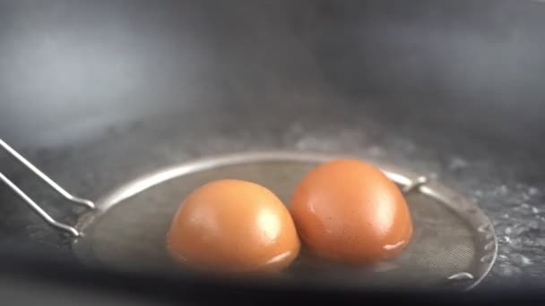 Slow Motion Shot Taking Boiled Eggs Out Boiled Water Close — Stock Video